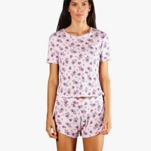 Plush Apparel Pink Floral Micro Waffle Knit Pajama T-Shirt & Shorts Set NWT S